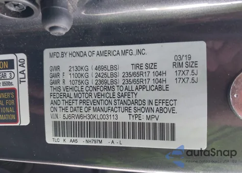 2019 Honda Cr-V Lx from USA, damaged, VIN 5J6RW6H30KL003113